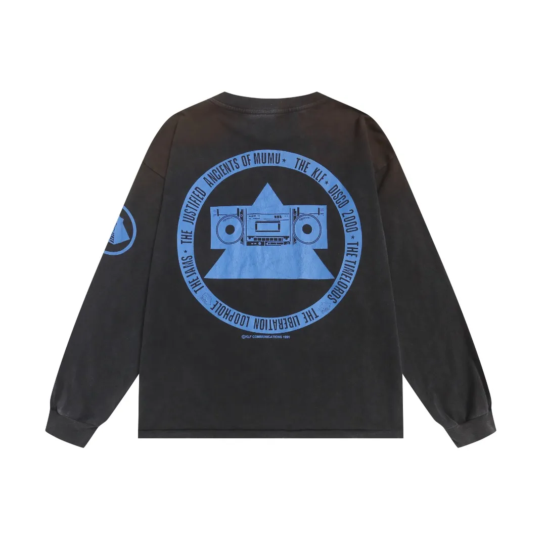 European and American Saint Michael klf exhibition limited printing high street retro washed and distressed long-sleeved T-shirt loose cotton bottoming shirt Fabric: 260g Style number: SM661 Size: S-M-L-XL Color: washed black Price: P156